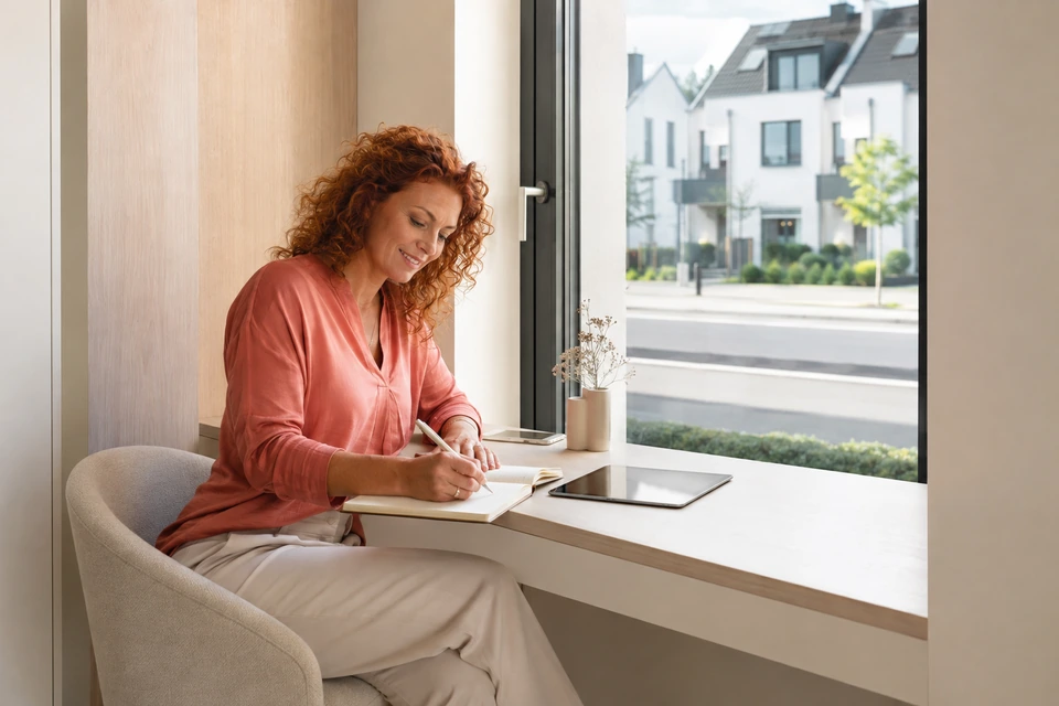 Symbolische Vorbereitung eines Immobilienkontakts mit Notizbuch und Tablet