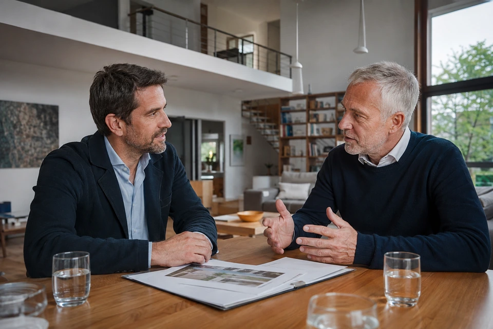 Symbolisches Gespräch zwischen Verkäufer und Immobilieneigentümer
